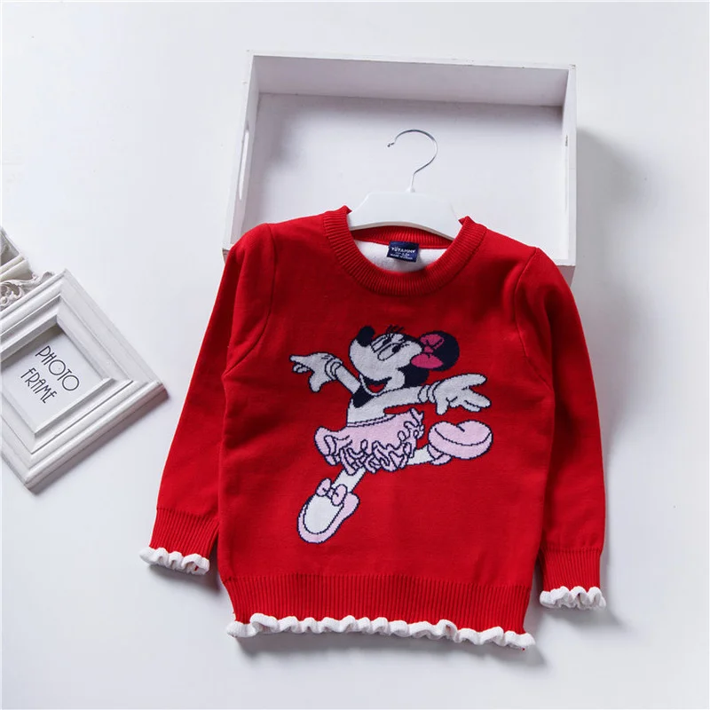 Осенняя одежда для маленьких девочек вязаный свитер с вышивкой Минни Маус танцев