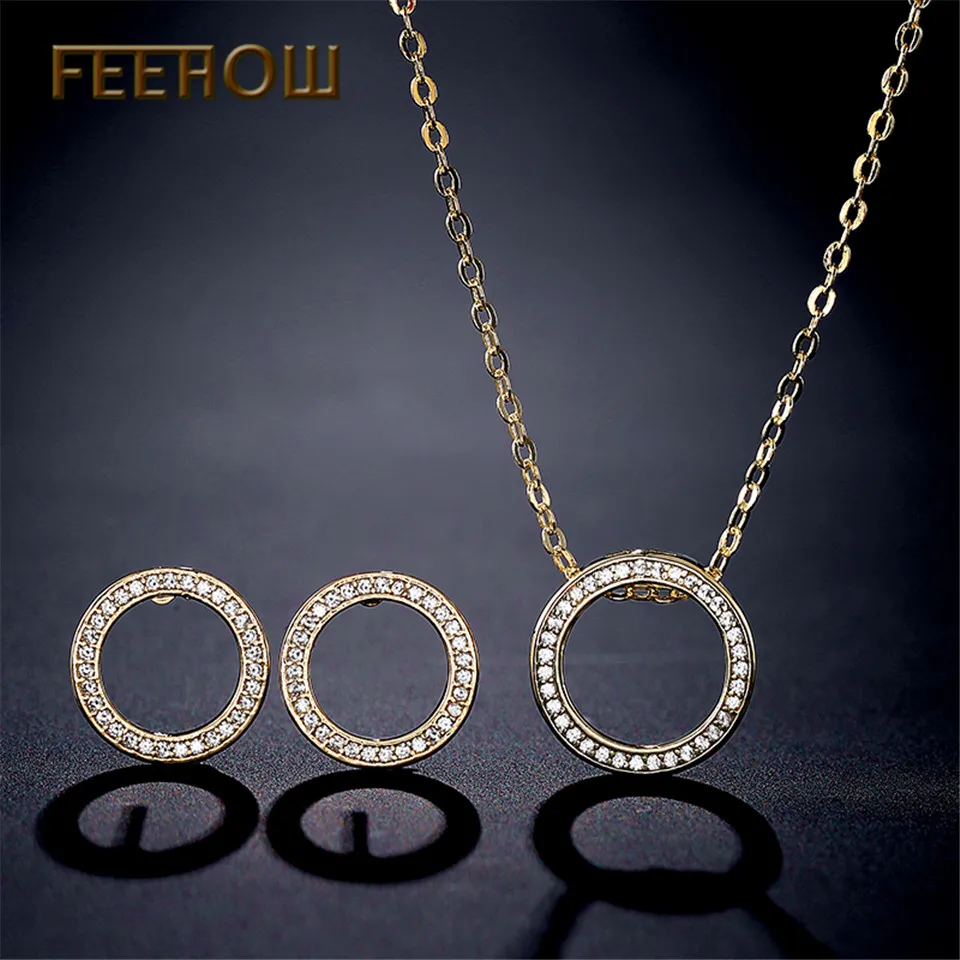 FEEHOW Fashion Cubic Zirconia Round Simple Earrings Necklace Set for Women Wedding Dinner Party Birthday Gift Jewelry FWSP3016 | Украшения