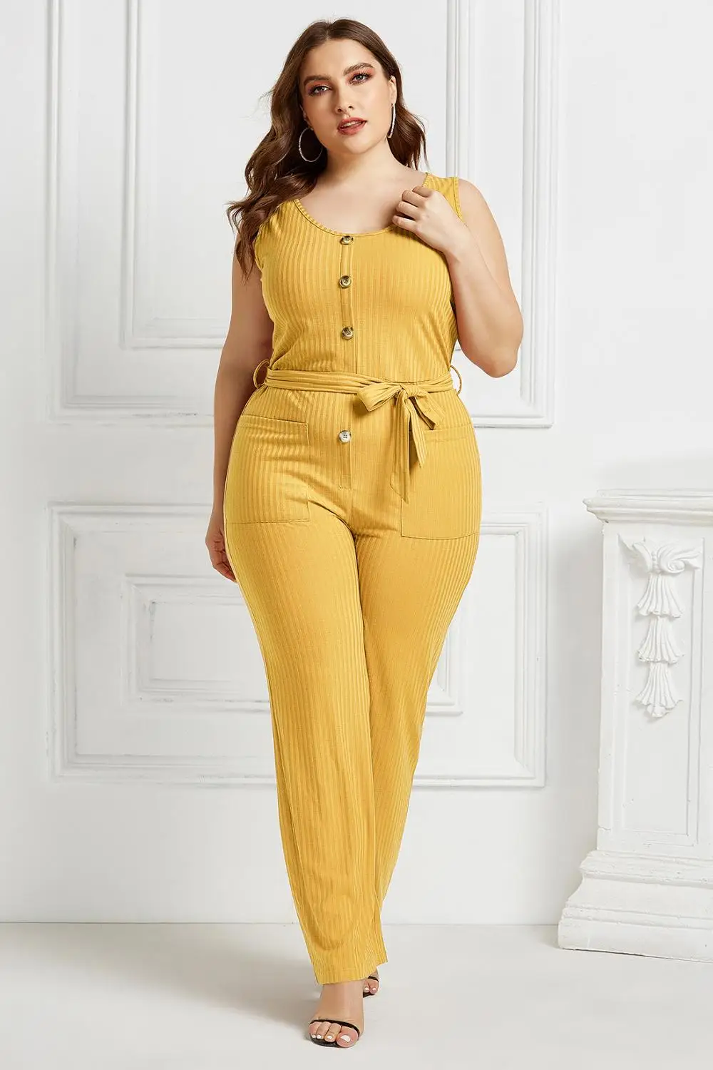 

Ladies loose jumpsuit hot sale ladies high waist pants casual jumpsuit ladies fine grain jumpsuit belt ladies wide leg pants