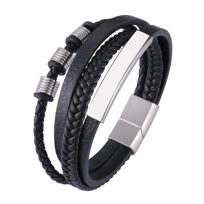 

Multilayer Leather Stainless Steel Men's Bracelet with Magnet Clasp Black Braided Rope Bangle for Male Charm Jewelry Gift PS1178