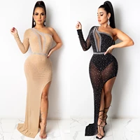 new 2021 spring women hot drilling mesh see though floor length maxi bodycon dresss sexy club party long irregular dresses