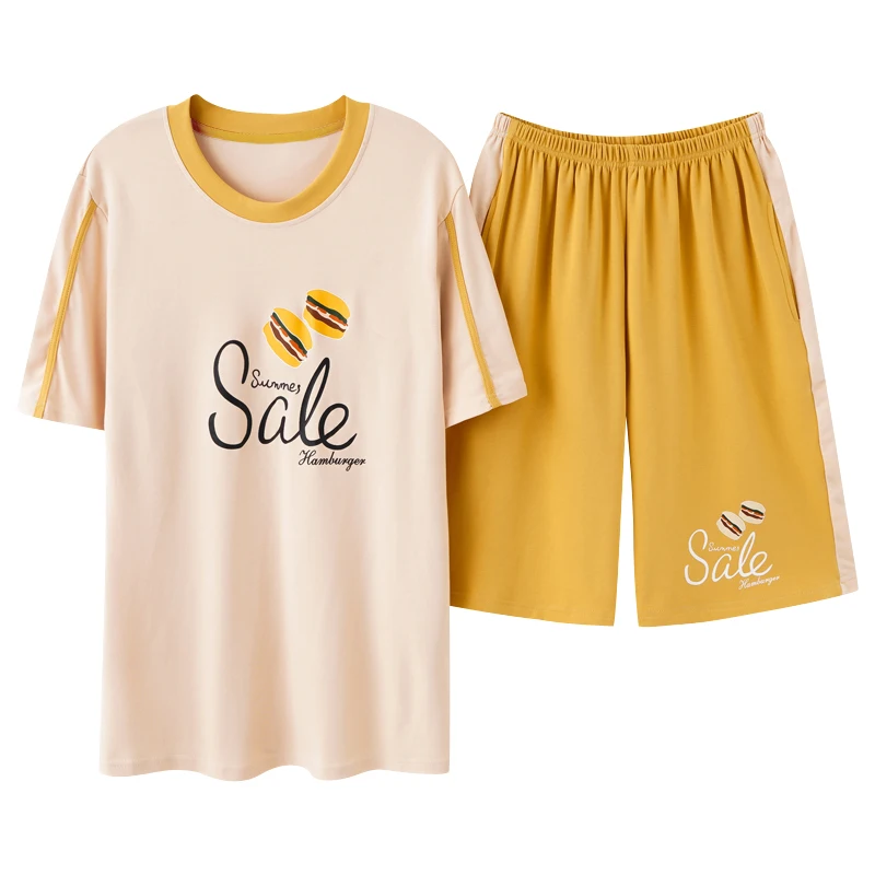 

Casual Short Sleeve Shorts Plus Size Round Neck Homewear Cotton Summer Pajamas Set Men Fashion Yellow Patchwork Letter Sleepwear