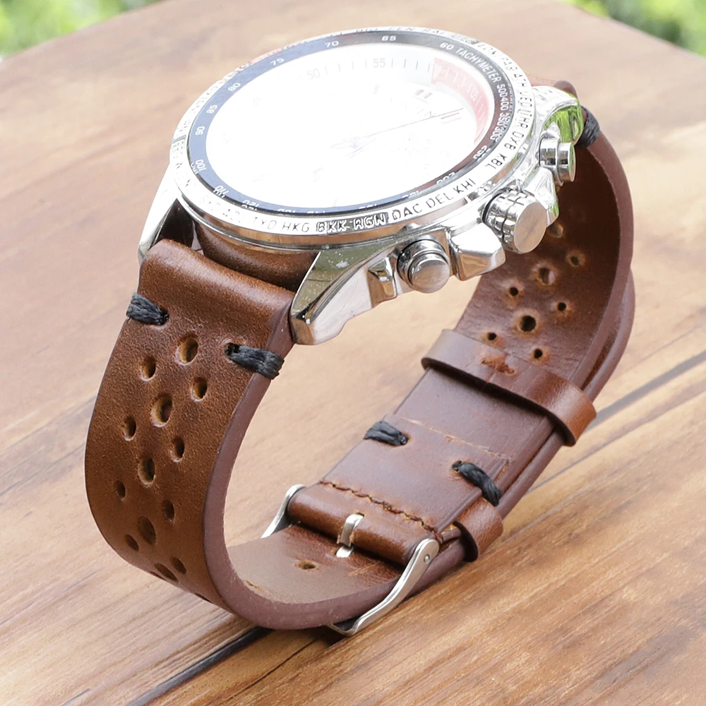 Retro Genuine Leather Watchband 18mm 20mm 22mm 24mm Calfskin Watch Straps Porous Breathable Handmade Stitching for Men