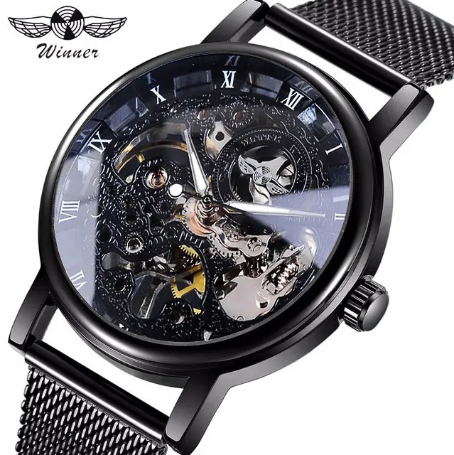 Модные роскошные мужские наручные часы с скелетом из нержавеющей стали