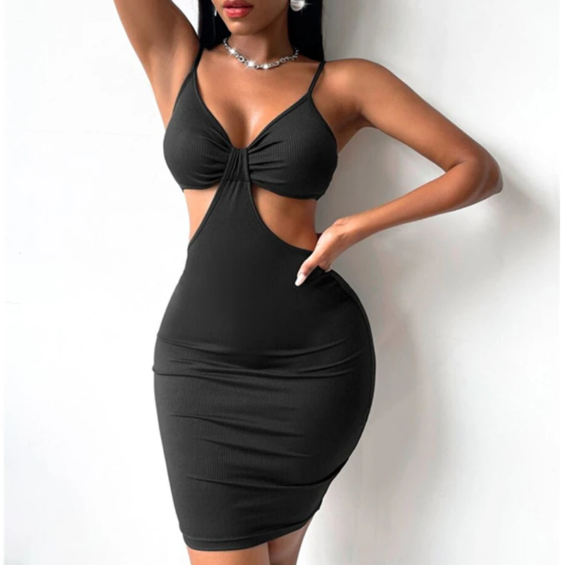 

Sexy Ladies Spaghetti Straps Knotted V Neck Bodycon Dress Ribbed Hollow Out Women Fashion Clubwear Mini Vestidos Solid 4 Colors