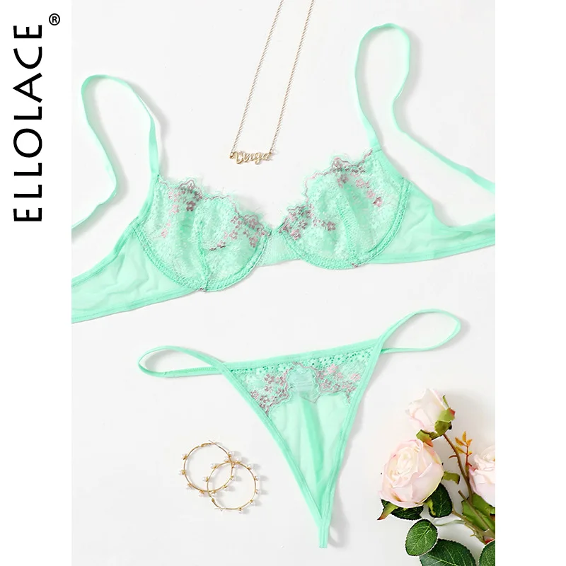 

Ellolace Lingerie Sexy Underwear Women Underwire Bra and Thongs Mint Green Sensual Lingerie Woman Floral Sexy Set Woman 2 Pieces