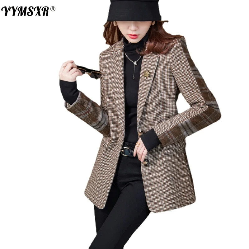 S-4XL Large Size Suit Women's High-quality 2022 New Autumn and Winter Temperament Plaid Stitching Long-sleeved Ladies Jacket