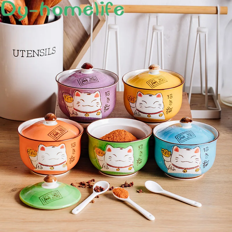 Разноцветный керамический горшок для специй Lucky Cat в японском стиле с ручной
