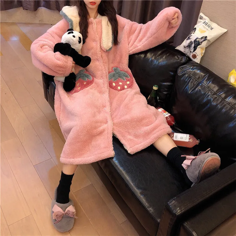 

Jane Deiune 2020 New Winter Women Oversized Sweet Coral Fleece Nightgrown Girl Cute Pink Leisure Wear Warm NightDress Outside