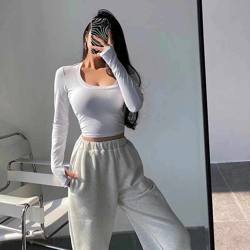 

WOMENGAGA Sexy O-neck Tight Thin Short Navel Thickening Long Sleeve Basis Autumn T-shirt Tees Tops T Shirt Sexy Women RK13