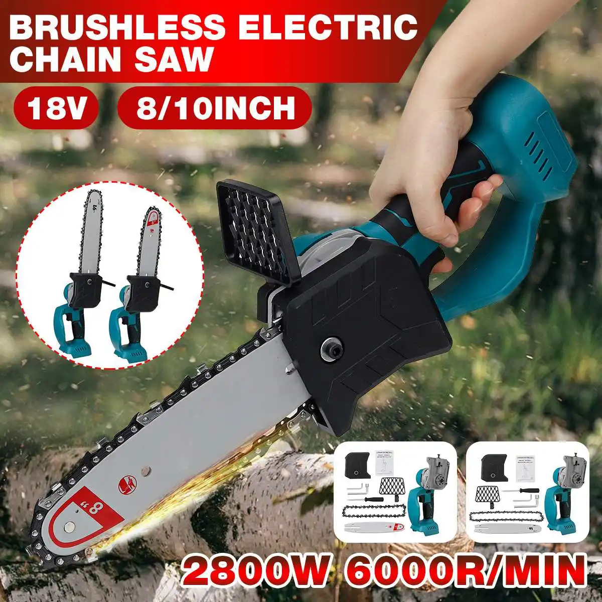 

288VF 10 Inch Electric Saw Chainsaw with 2PC Li-ion Battery Rechargeable Wood Cutter Also For Makita 18V Battery