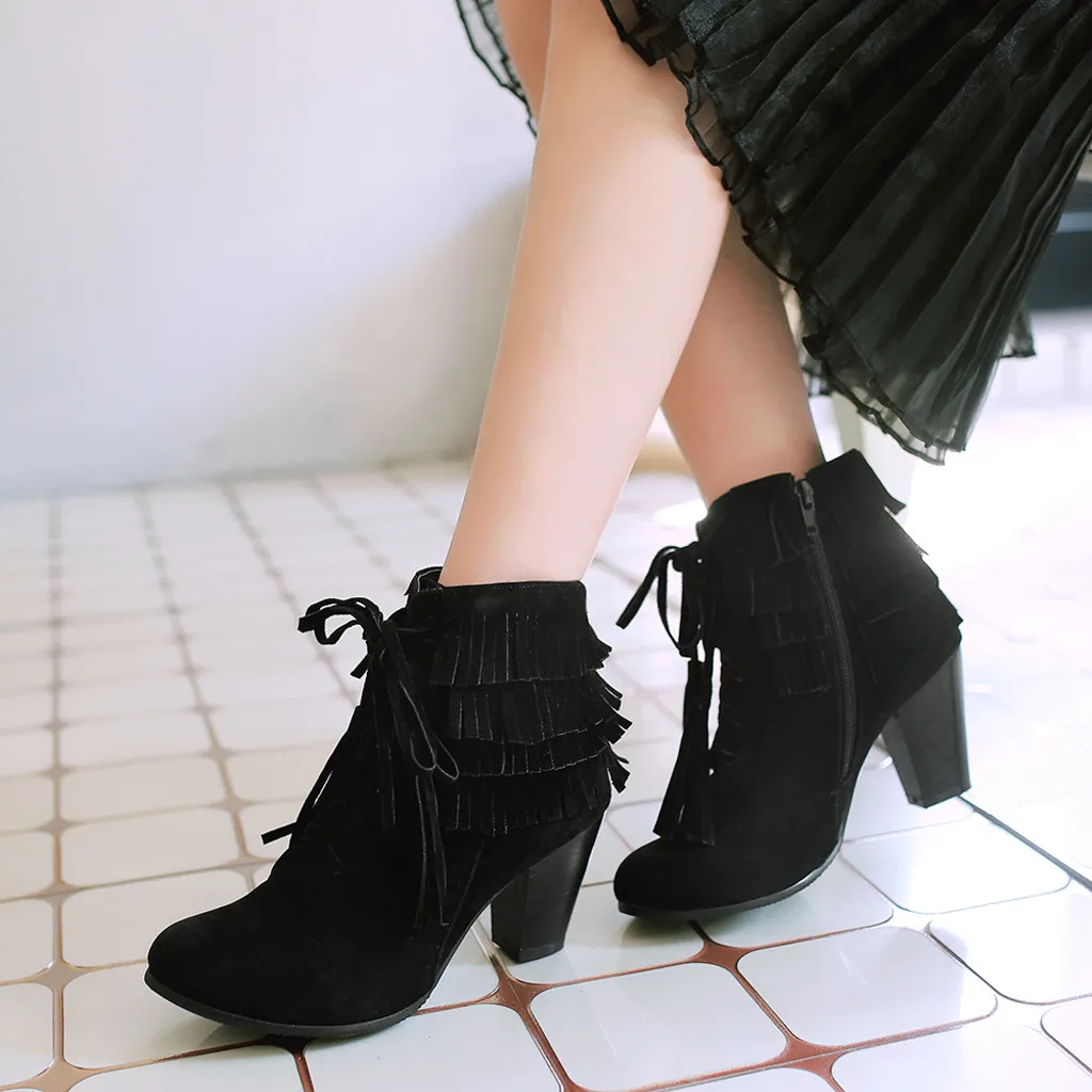 

Fashion Women Ankle Boots Quality Leather Flats Shoes Ladies Autumn Winter Squared Heel Flock Boot Female Short Tessel Booties