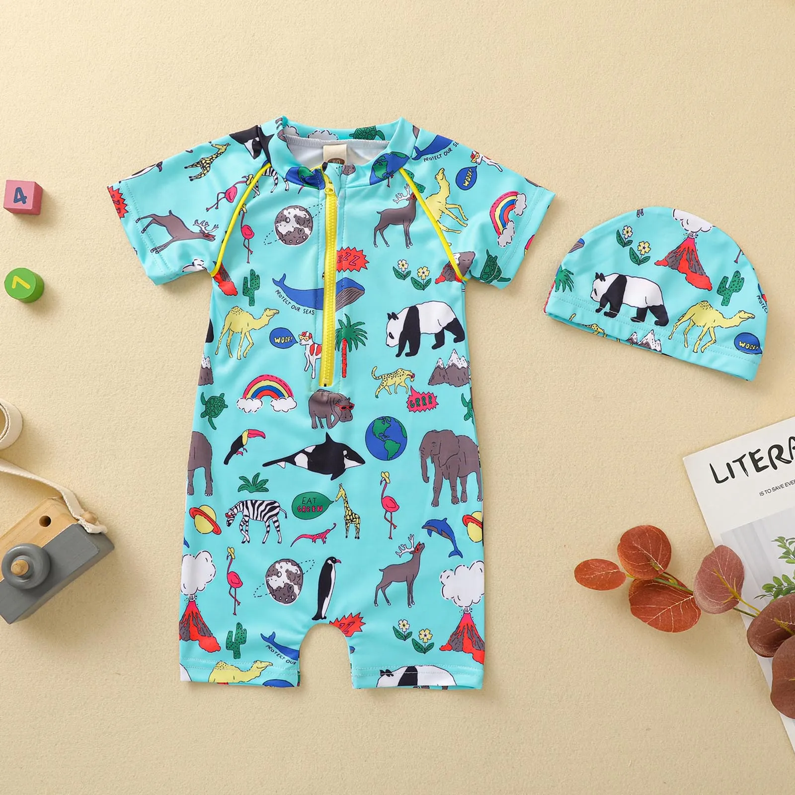 

Toddler Baby Swimwear Zipper Cartoon Animal Print One-piece Bikini Short Sleeved Beach Swimsuit Hat Sets Girls Boys Beachwear