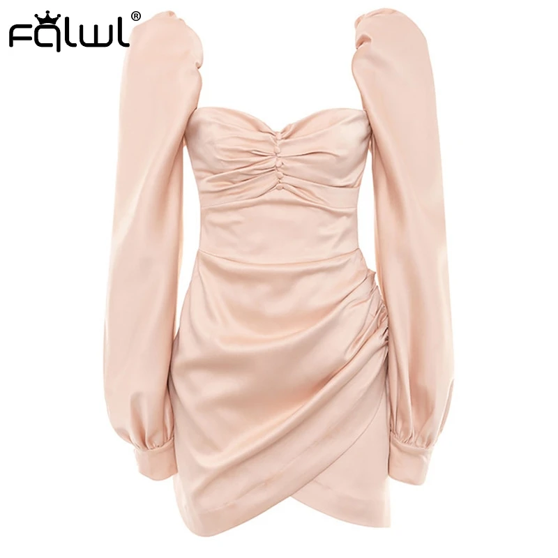 Женское атласное облегающее платье с пышными рукавами FQLWL розовое