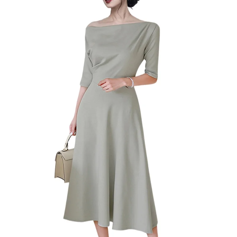

2021 New Spring Puff Sleeve Dress for Women Slim High Waist Solid Temperament Pleated Maxi Dresses Vintage Vestidos