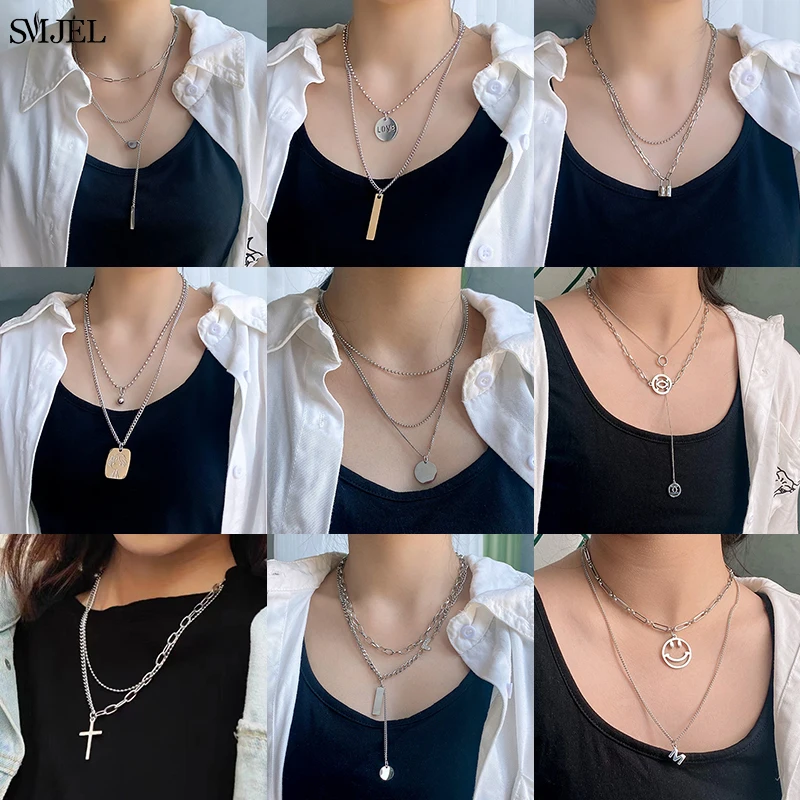

Stainless Steel Necklaces for Women Fashion Multi-layers Chain Cross Key Lock Heart Bar Necklace Love Letter Jewelry Punk Girls