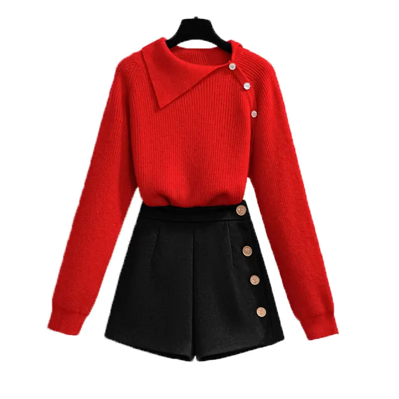 

New Winter Fall Women Pure Color Design Korea Western Style Comfortable Red Sweater Black Good Cloth Shorts Two Pcs Leisure Suit
