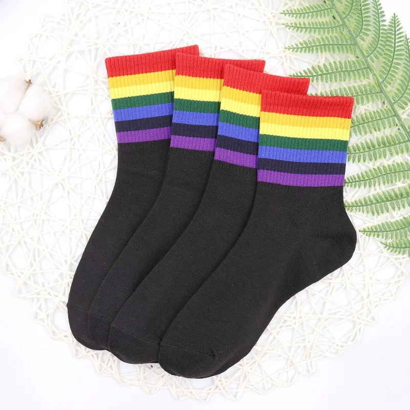 2 pairs 2 пары, женские модные носки с радугой, зимние женские носки, хлопковые носки с радужными полосками, модные теплые Повседневные носки для девочек в стиле Харадзюку - Color: 2 pairs