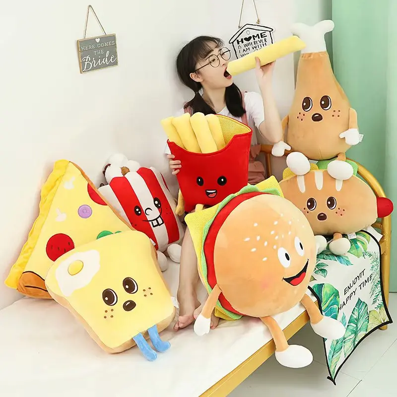 

Funny Cartoon French Fries Stuffed Throw Pillow Plush Chips Hamburg Drumstick Pizza Food Cushion Pillow Toys