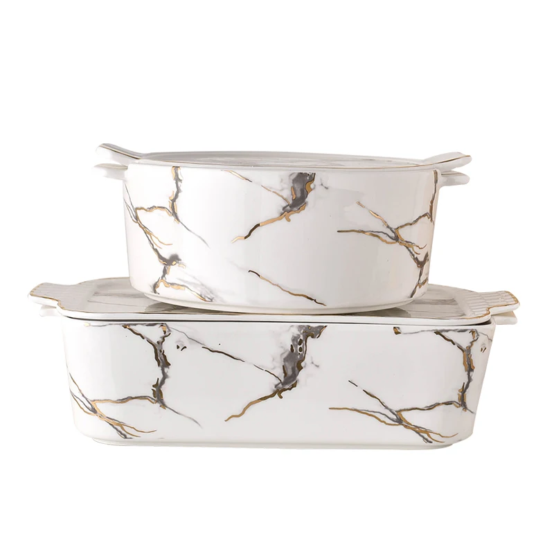 

Marbled Ceramic Baking Plate with lid Baking Cheese Baked Rice Plate Bowl Binaural Rectangle Round Baking Bowl Oven
