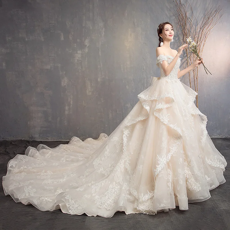 2020 Sweet Wedding Dress Boat Neck Lace up Bridal Dress Corset Bridal Gown Monarch Train Wedding Gown Robe de Mairee OY-Y699