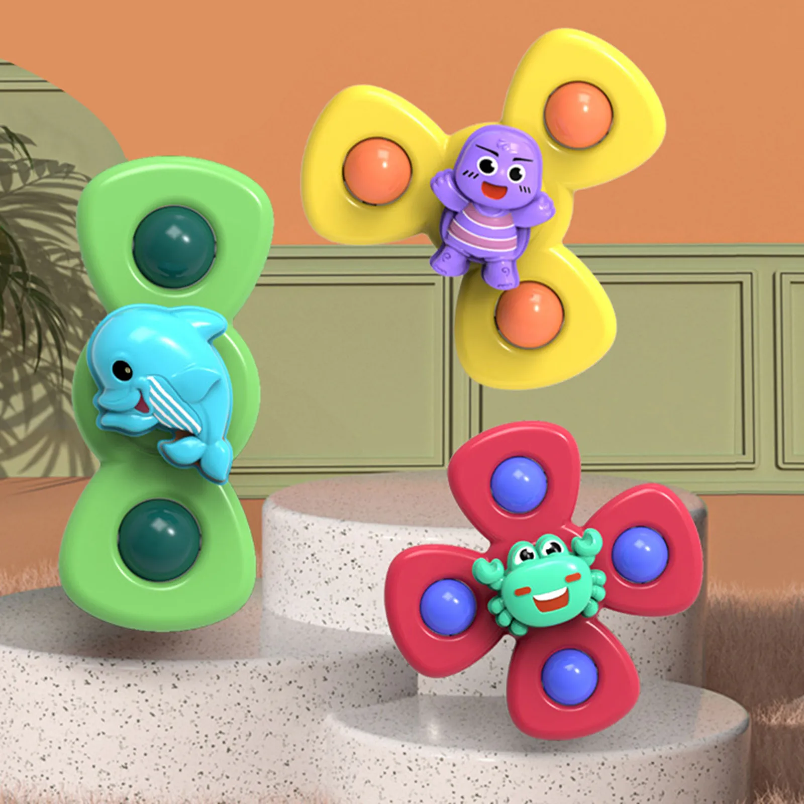 

3pcs Baby Cartoon Animal Suction Cup Spinner Toy Turntable Stress Relief Windmill Classic Funny Kids Toys Bath Toy Organizer