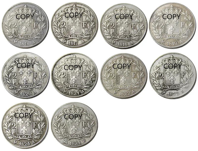 

France A set of(1816-1821A) 10pcs 2Francs Silver Plated Copy Coins