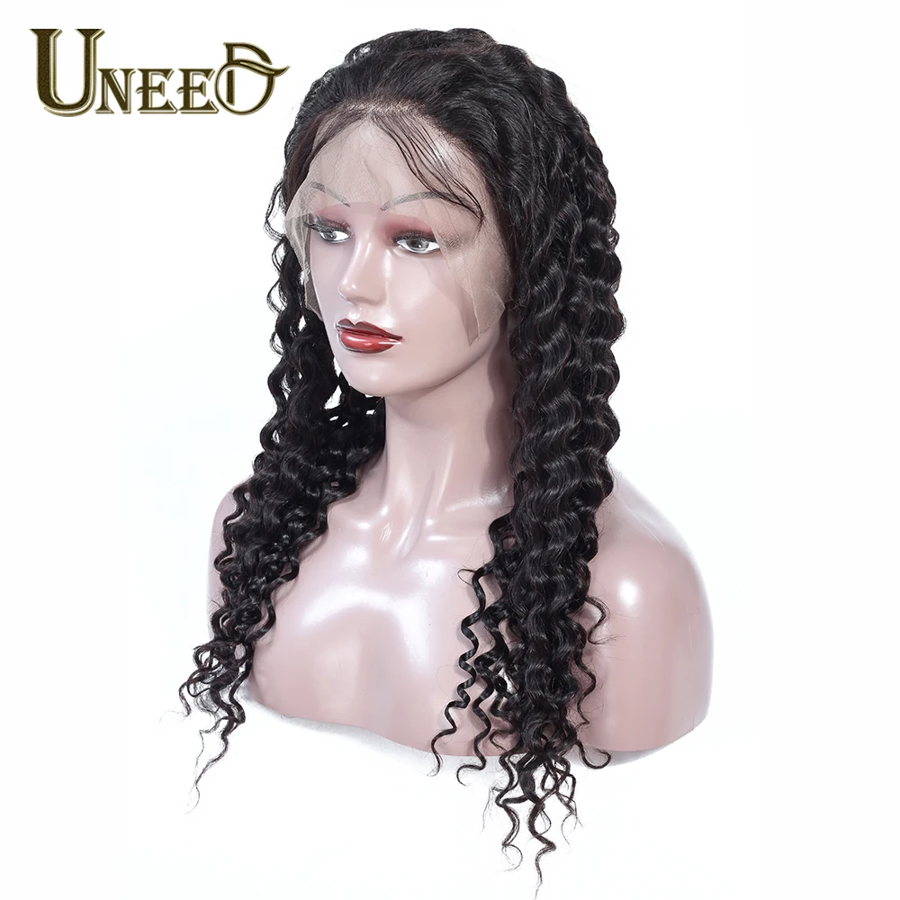 Uneed 13*4 парики на шнурках для черных женщин Бразильские глубокие волнистые человеческие волосы парики предварительно сорванные с волосами младенца 150% плотность remy волосы