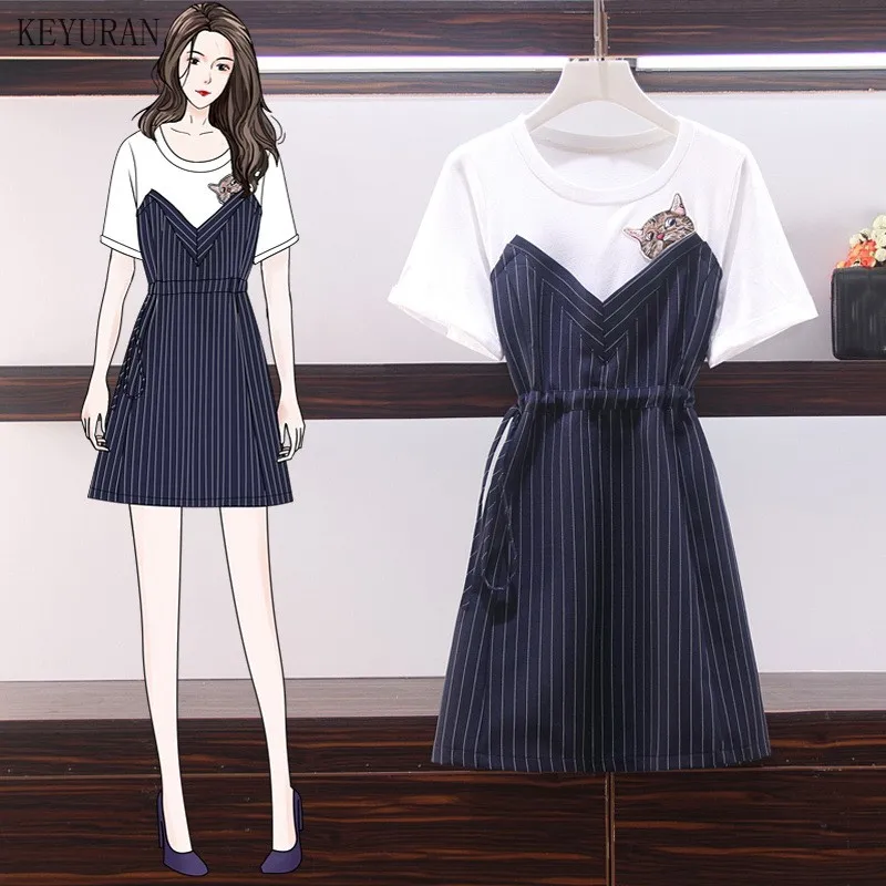 Женское летнее платье размера плюс с коротким рукавом и круглым вырезом милое