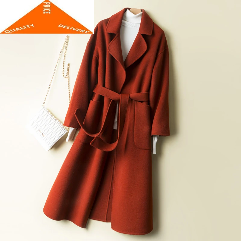 

Женское шерстяное пальто с поясом, элегантная Длинная шерстяная куртка в Корейском стиле, модель 100% на осень и зиму, 2020