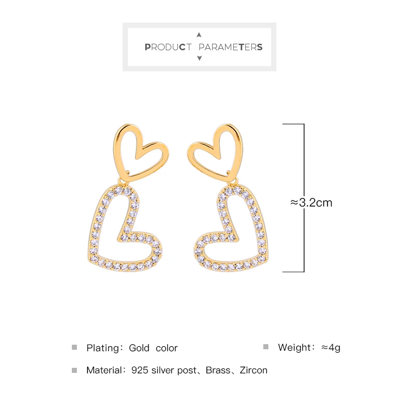 

kissme Exquisite Zircon Hearts Gold Color Brass Stud Earrings For Women Birthday Gifts Fashion Korean Style Jewelry Wholesale