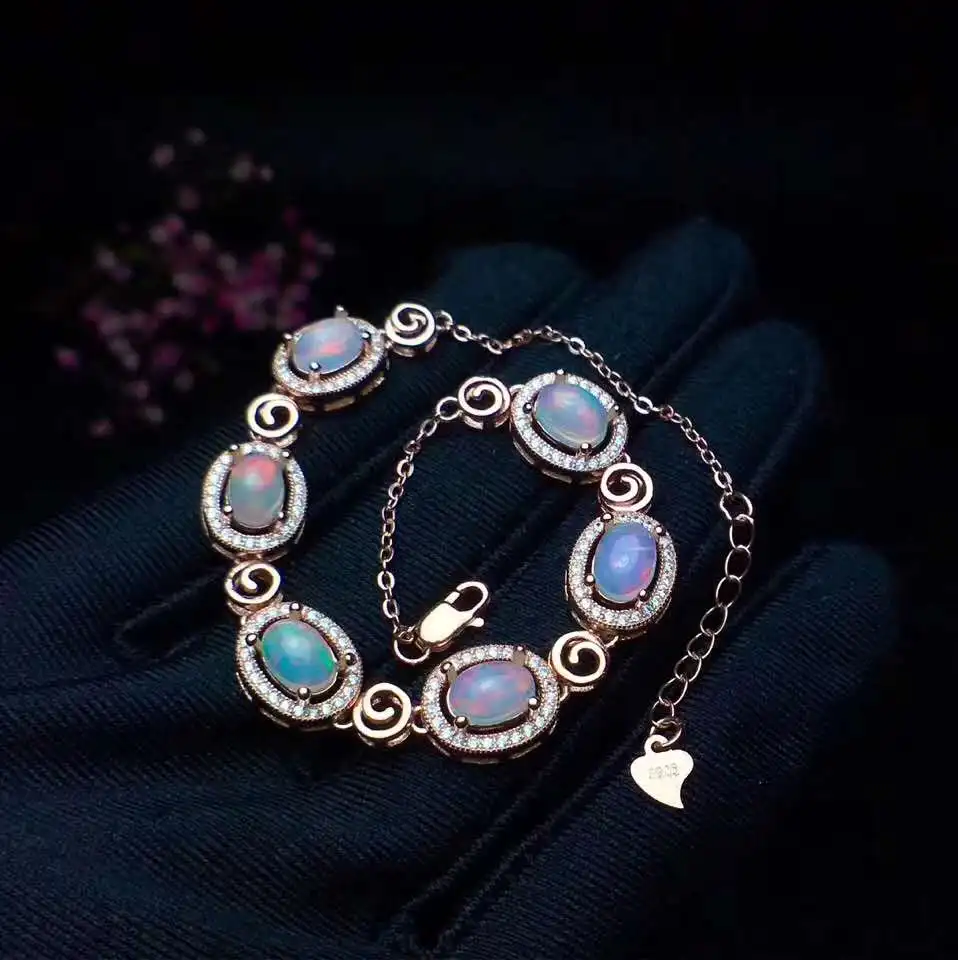 Натуральный опал браслет твердый S925 стерлингового серебра для женщин Цвет