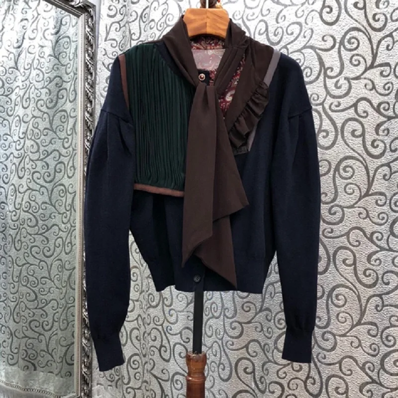 2020 Autumn Winter Fashion Sweater Cardigan Women Bow Collar Vintage Print Patchwork Long Sleeve Black Grey Knitted Cardigans