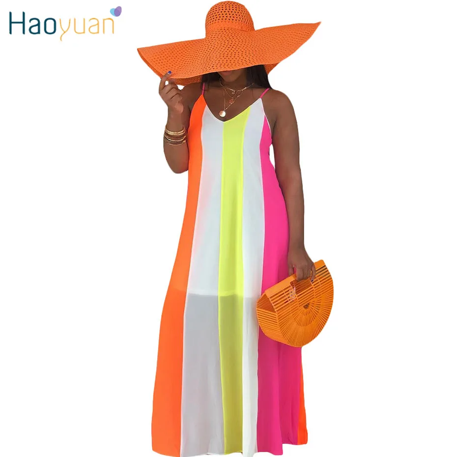 HAOYUAN, сексуальное пляжное платье, женская одежда, летнее, vestidos, элегантное, для девушек, в богемном стиле, на бретелях, в полоску, Boho, длинное, макси, платья