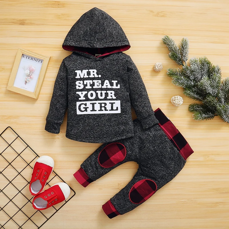 

Baby Boy Clothes Sets Casual Pullover Hooded Long Sleeve Letter Print Spring/Autumn Cotton Knitted Boys Patchwork Plaid Pants
