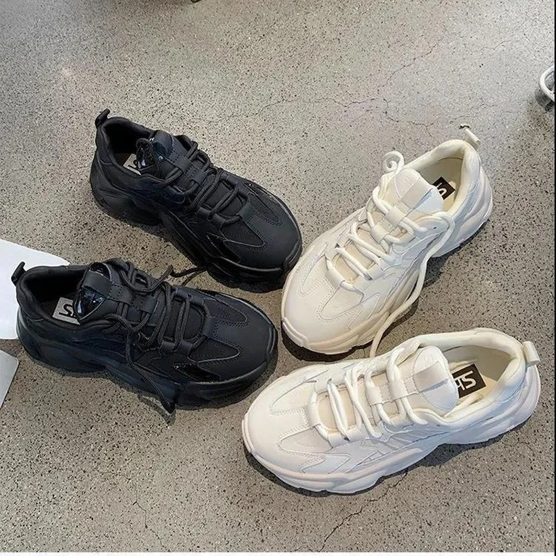 

2021 Black Platform Sneakers Women Shoes Casual Lace Up Thick Sole Shoes Woman Beige Chunky Sneakers Leather Vulcanize Shoes