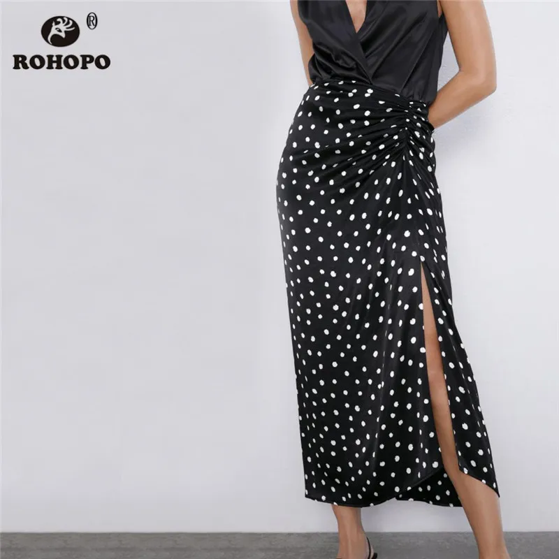 ROHOPO/Белая Юбка миди с узором в горошек прямая юбка разрезом по бокам и