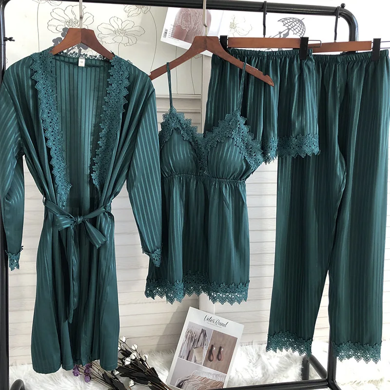 

Silk Pyjama Gown Set Lace Women Sleep Suit 4PCS Satin Nightshirts Pajamas Silky Sleepwear Spring Robe Wear Home Negligee