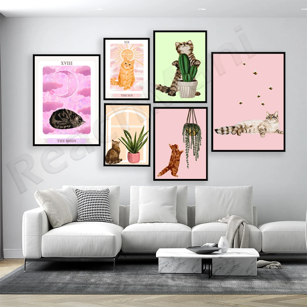 

Cat moon, sun tarot print, cat with plant, cactus, ivy print, illustration, gift poster for cat lovers