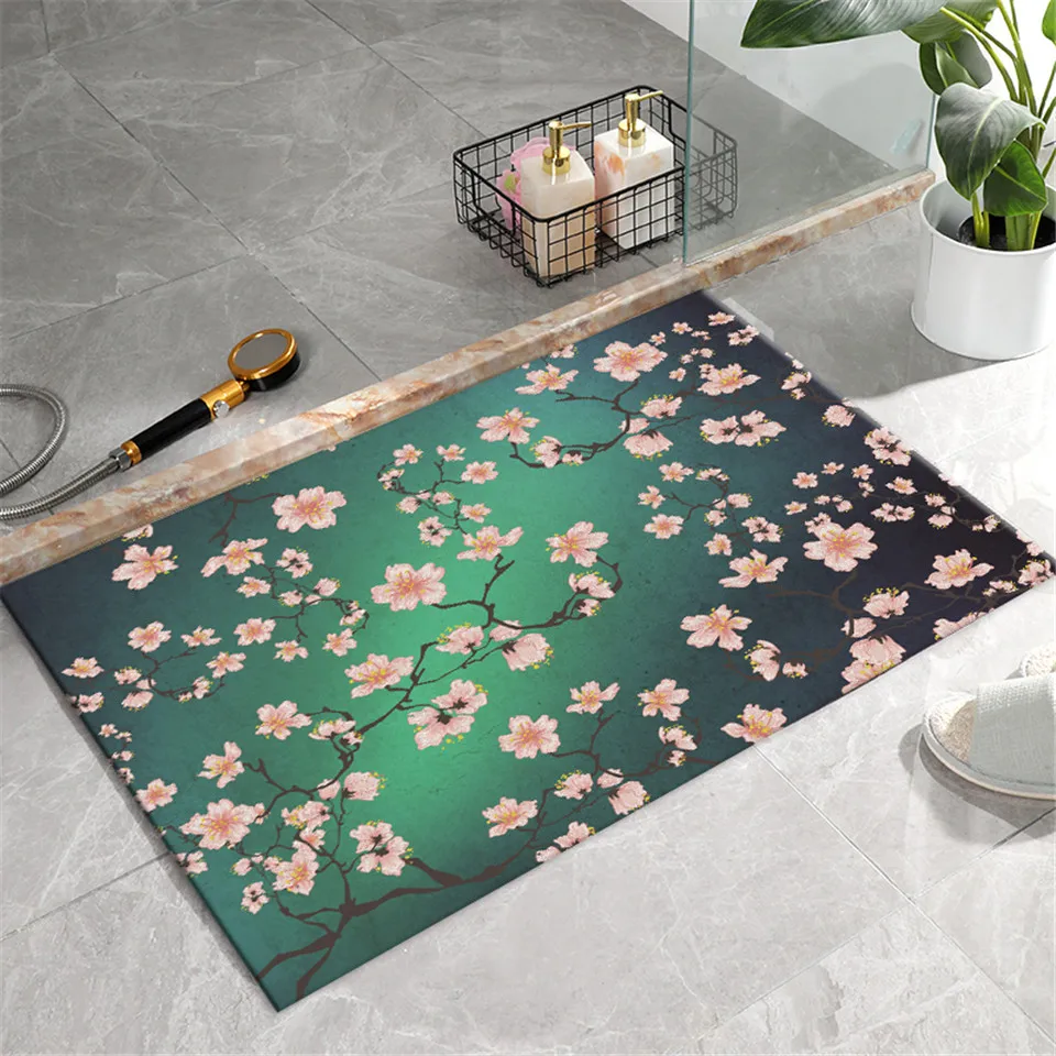 

Chinese Style Green Flannel Microfiber Mat With Flower Non-slip Kitchen Runner Mat Bedroom Floor Mat Machine Washable Bath Mat