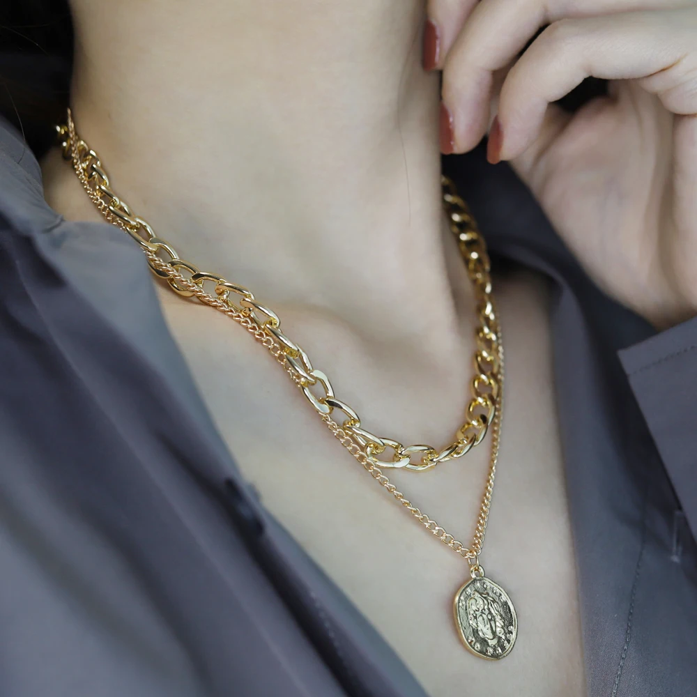 

Vintage Multi-layer Coin Chain Choker Necklace for Women Gold Silver Color Punk Portrait Chunky Chain Necklaces Jewelry