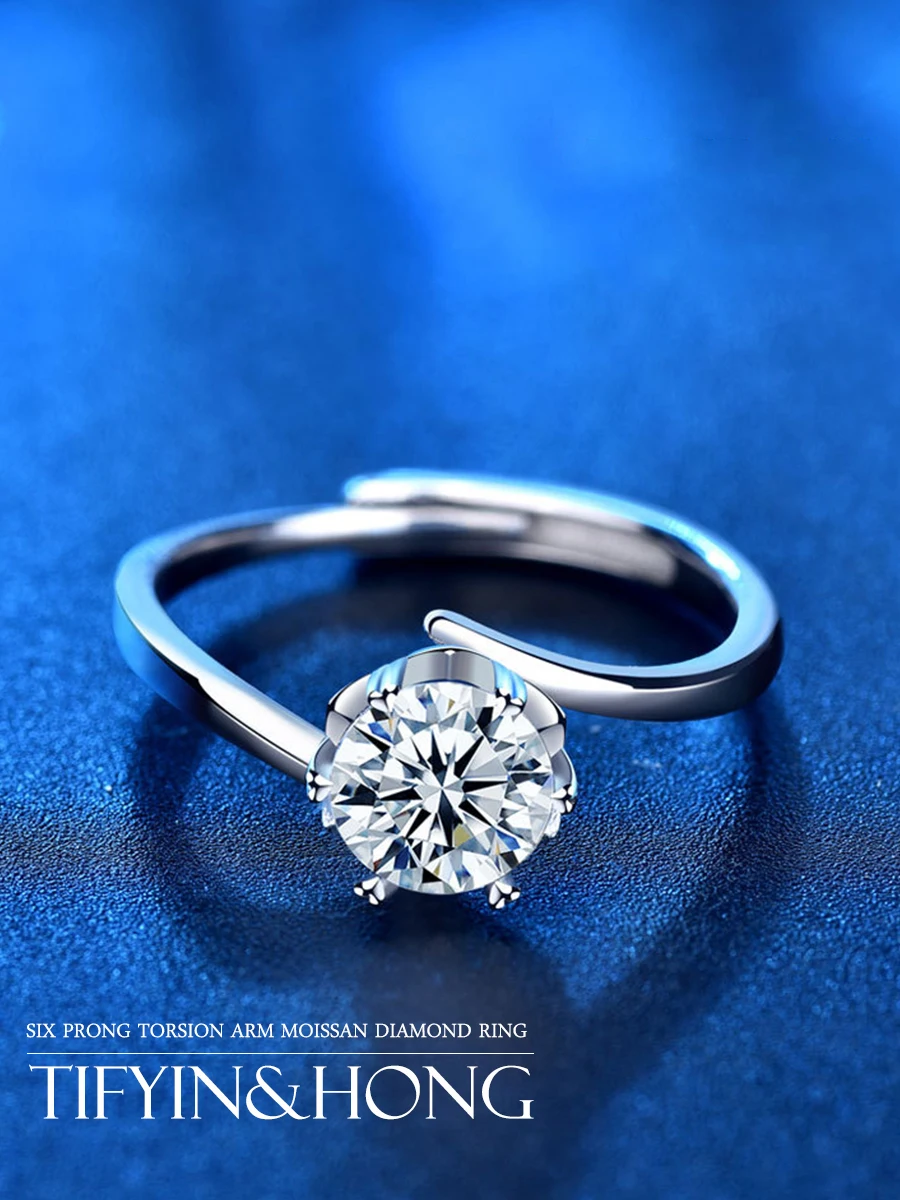 

S925 silver Moissan diamond twisted arm six-claw ring, sweet and romantic style, holiday gift, exclusive for couples