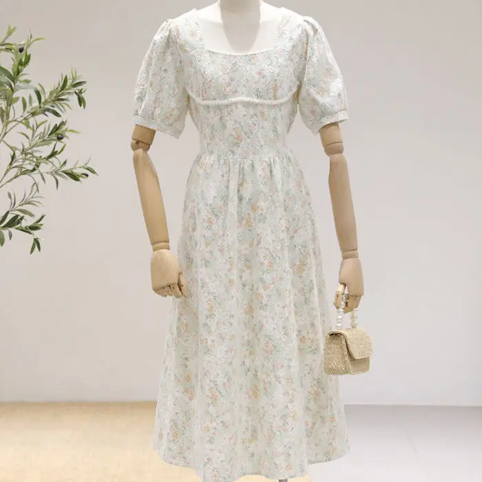 

Floral Print Dress Women Party Long Dress Puff Short Sleeve Korean Elegant Summer Sexy Club Dress Sweet Laides Chic Maxi Dress