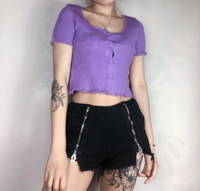 Женский ребристый укороченный Вязаный топ на пуговицах с кружевной отделкой