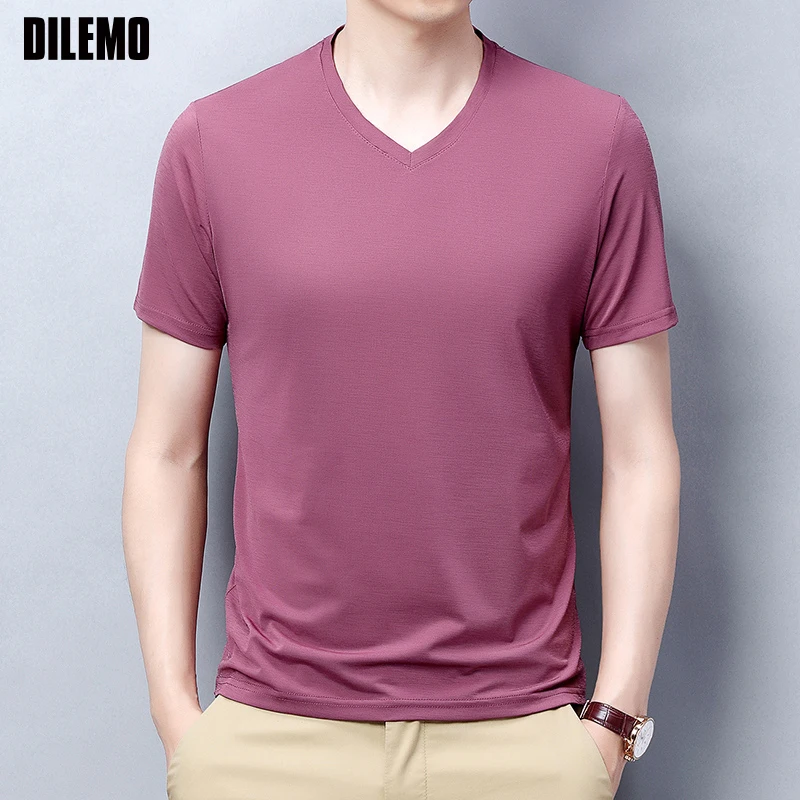 

High Quality Ice Silk Tops Brand Summer t Shirt 2021 For Men Solid Color V Neck Plain Short Sleeve Casual Fashion Men Clothes