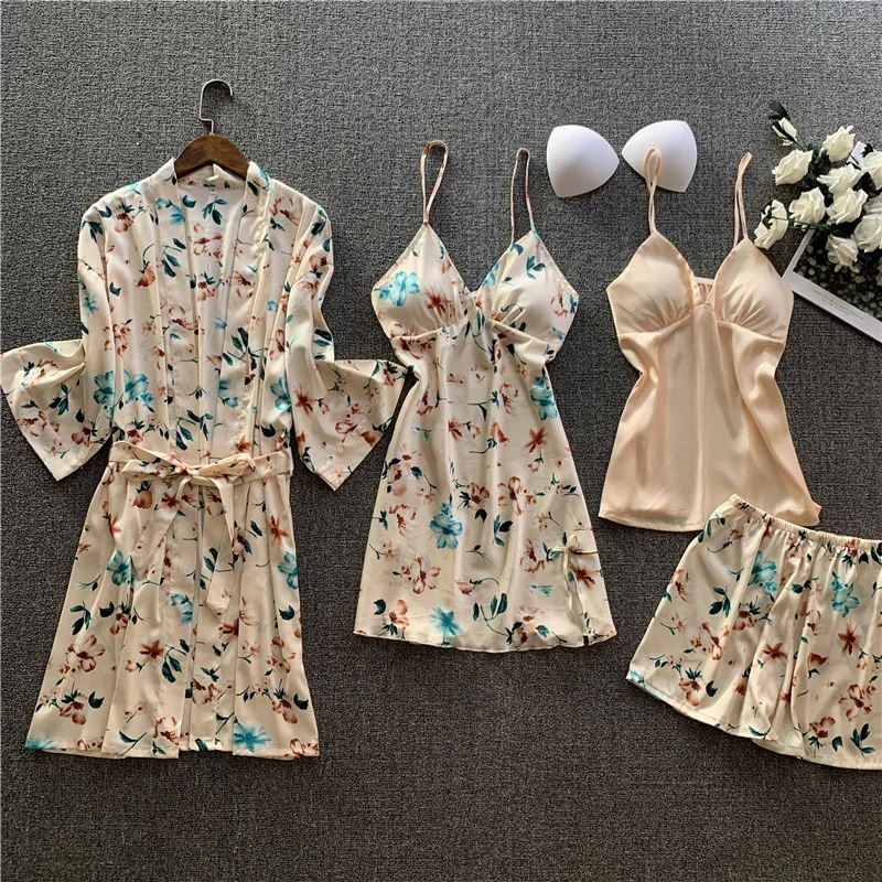 

Bathrobe Printed Night Dress Satin Negligee Nightwear Nightgowns Bridesmaid Robes Dressing Gown Plus 4 Piece Sleepwear Sets