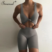 simenual v neck wrapped cut out biker shorts rompers sleeveless sporty workout active wear playsuits solid casual women clothing