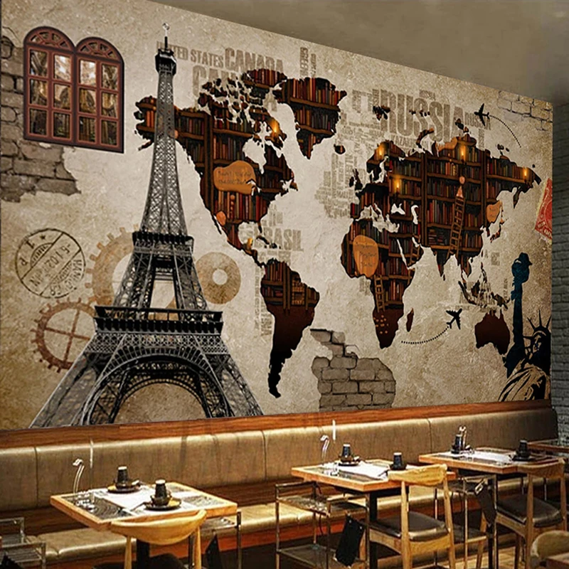 Фото обои 3D Ретро креативная карта книжная полка кирпичная стена городское