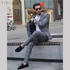 Мужской однобортный пиджак yimmerpwp, серый клетчатый пиджак, смокинг, подходит для лацканов с надрезом, пальто из 2 предметов, брюки, свадебные костюмы для жениха