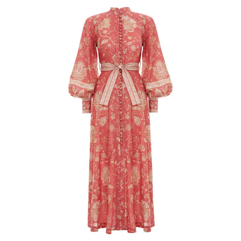 

New high collar lantern long sleeve tied with red printing with long dress is female